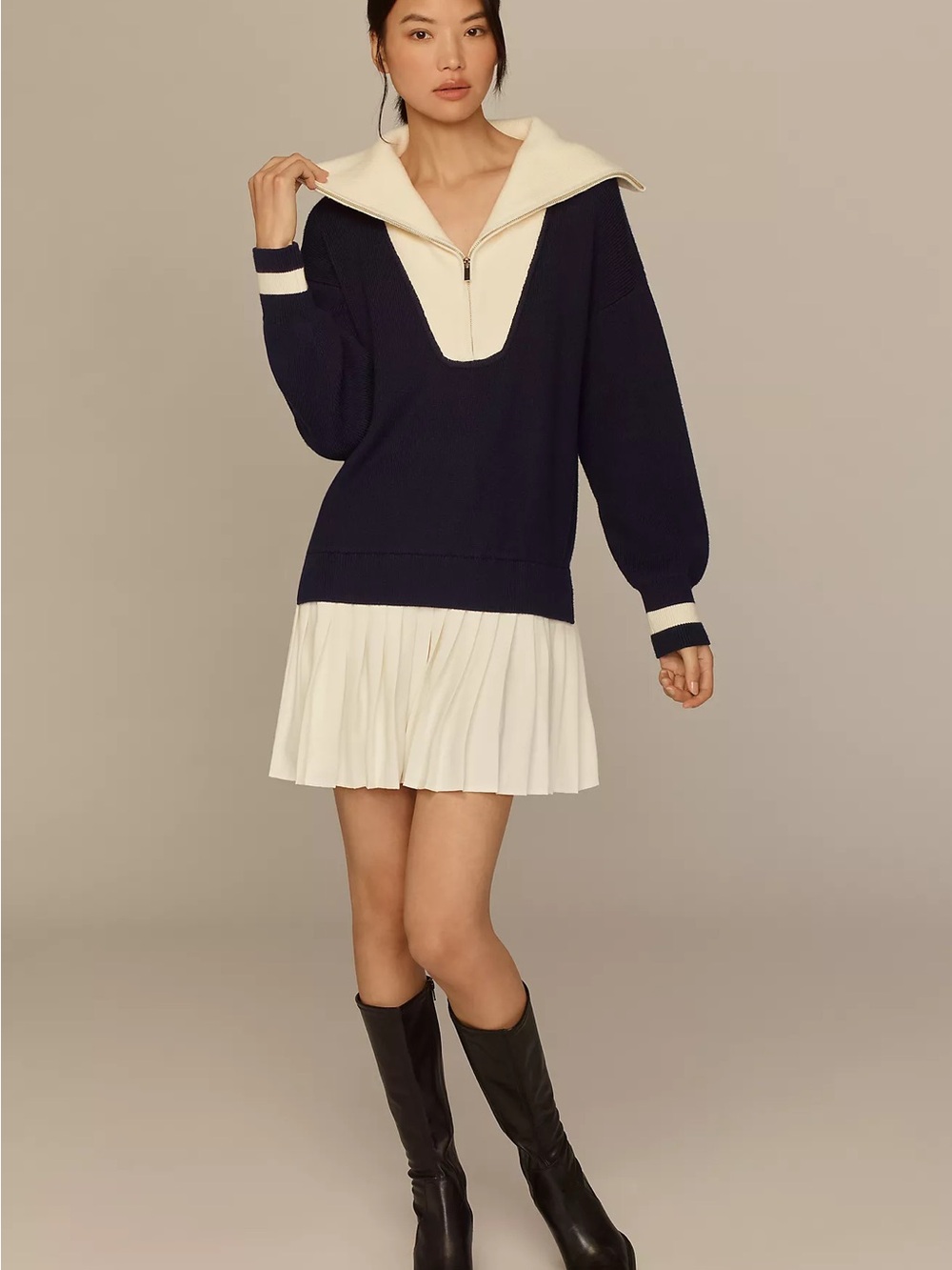 Maeve Navy and Cream Sailor-Style Pleated Mini Dress - Picture 2 of 6